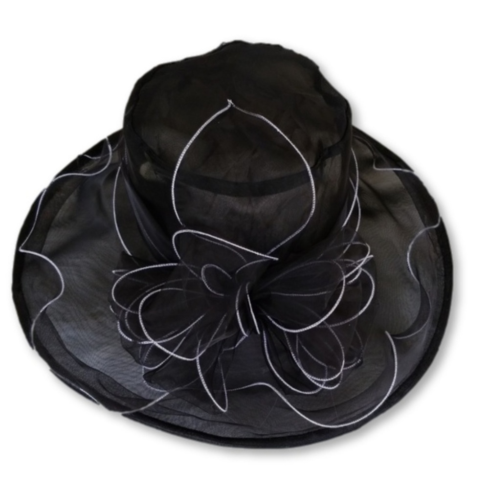 Black dress hat with white trim